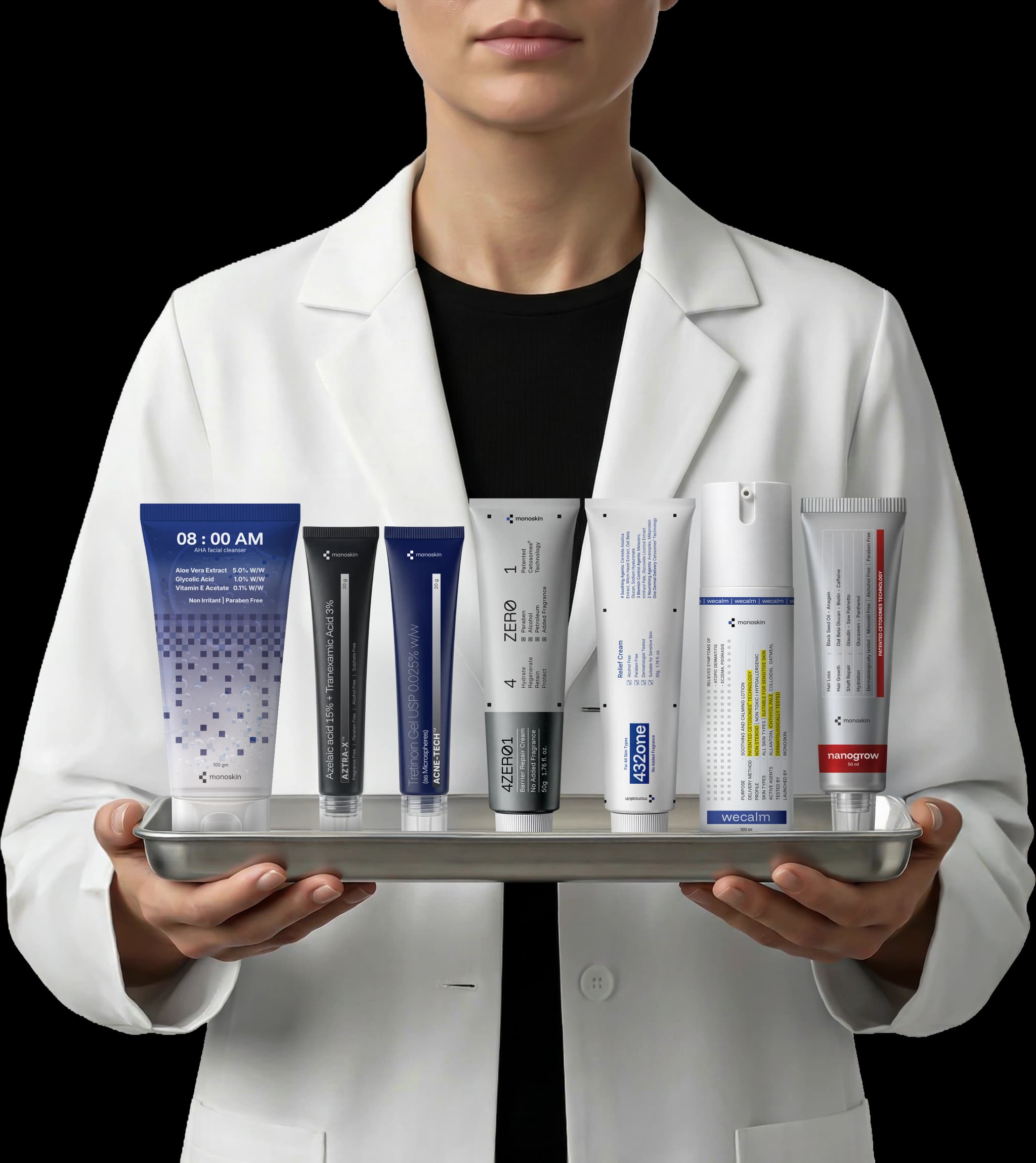 monoskin dermatology specialist holding the product lineup